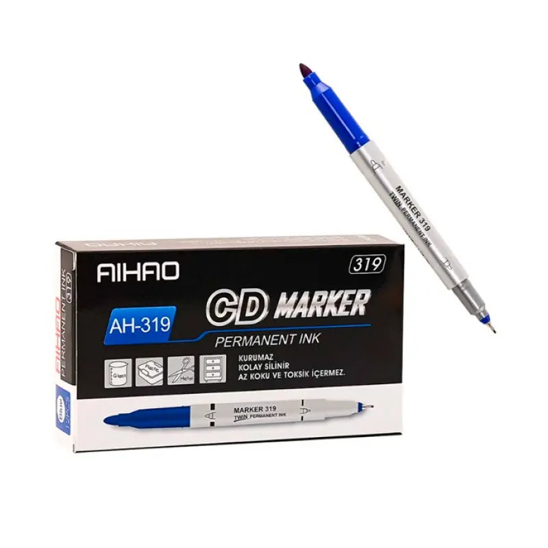 Aihao AH-319 Permanent Çift Taraflı Asetat Kalemi Mavi x 12 Li Kutu
