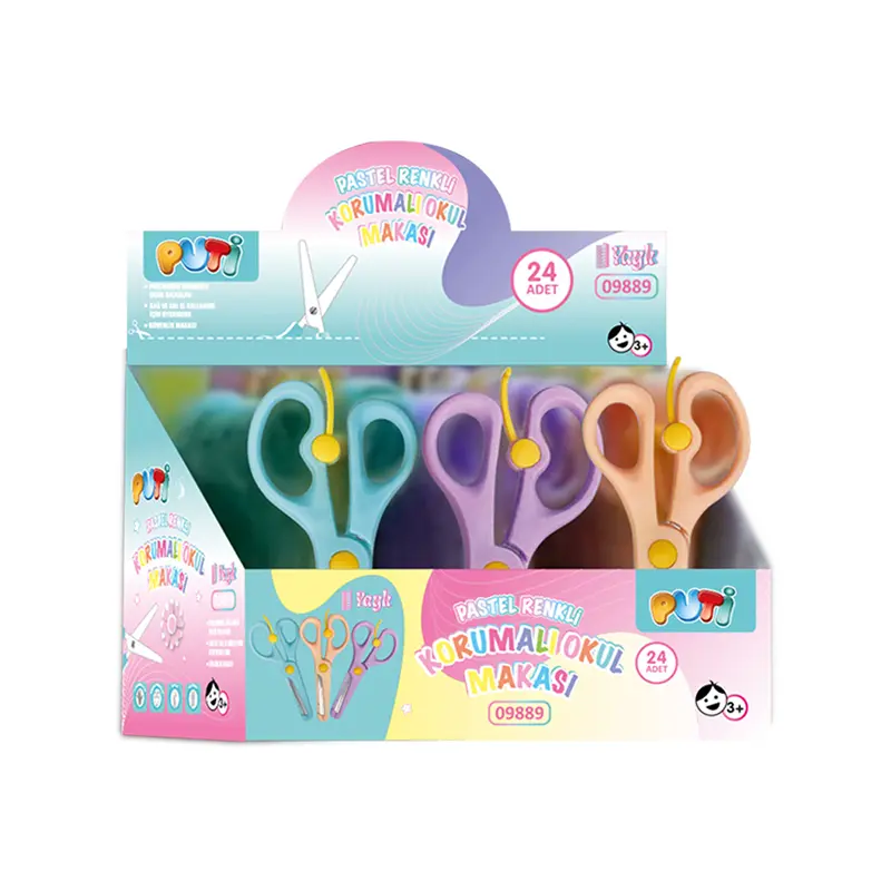 Puti 09889 Pastel Renkli Korumalı Yaylı Okul Makası x 24 Lü Stand