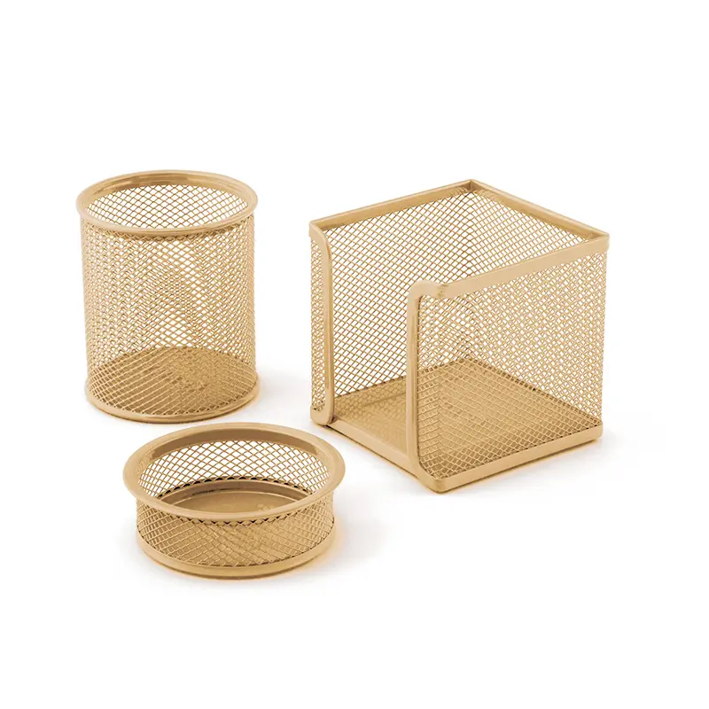 Mas 505 Metal Perforeli Masa Seti Ataşlık - Kağıtlık - Kalemlik 3 Lü Set Gold