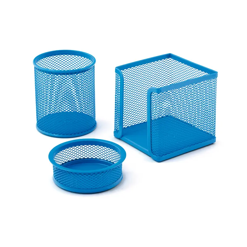 Mas 505 Metal Perforeli Masa Seti Ataşlık - Kağıtlık - Kalemlik 3 Lü Set Bebek Mavi