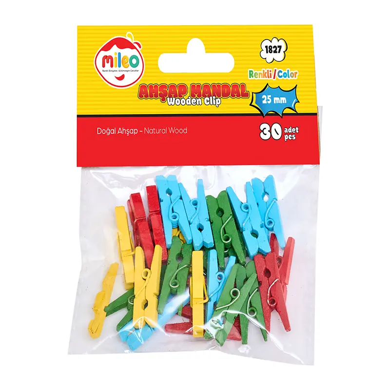 Mileo 1827 Renkli Ahşap Mandal 25mm x 30 Lu Paket