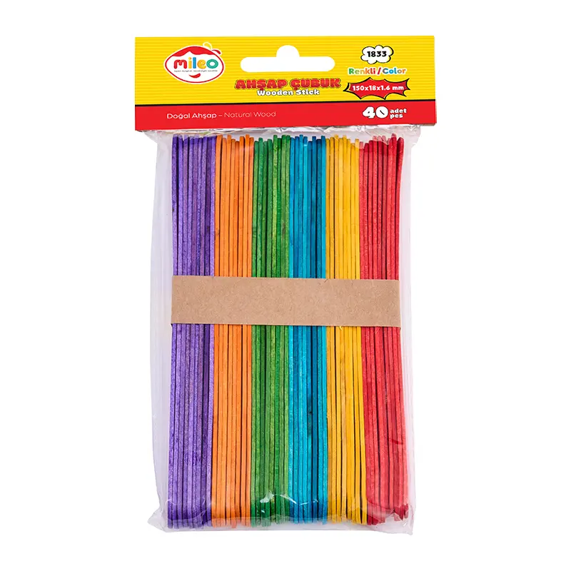 Mileo 1833 Renkli Ahşap Geniş Dil Çubuğu 150mm x 18mm x 40 Lı Paket