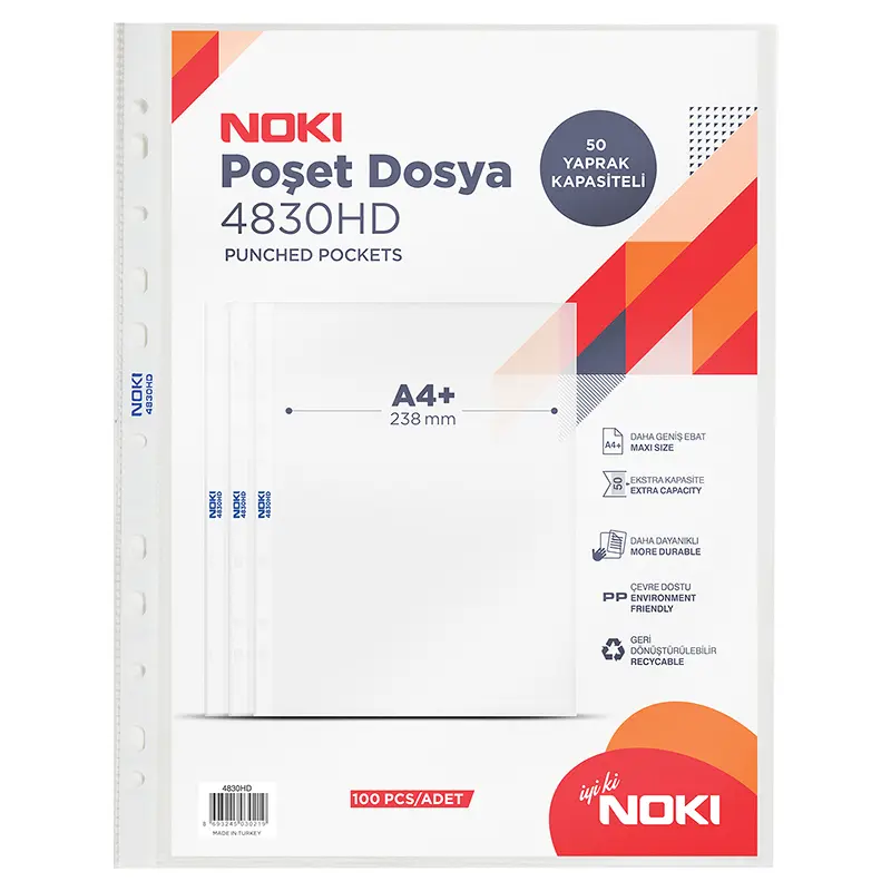 Noki 4830HD Buzlu Şeffaf HD Poşet Dosya A4 x 100 Lü Paket
