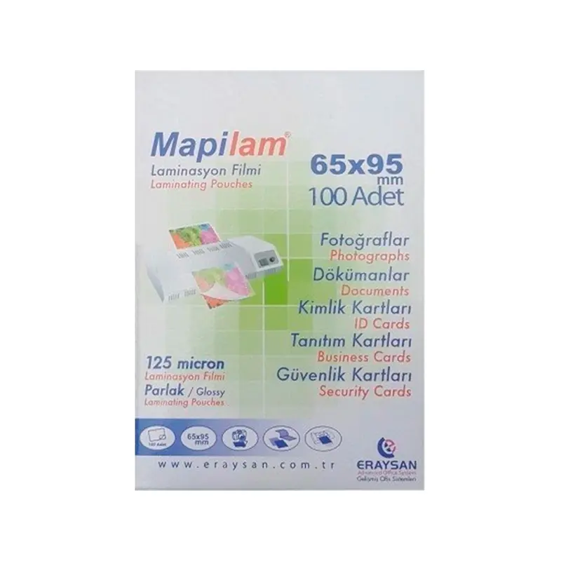 Mapilam 1021214 Sıcak Parlak Kimlik Laminasyon Filmi 65mm x 95mm 125 Micron x 100 Lü Paket