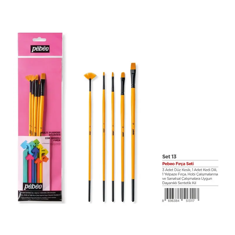 Pebeo SET-13 Uzun Sap Sentetik Kıl Fırça Seti No:0-4-8-12 + Yelpaze Fırça No:2 x 5 Li Set