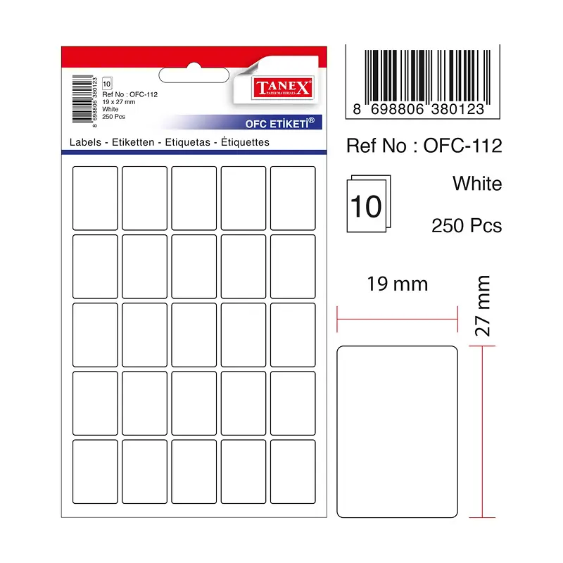 Tanex OFC-112 Ofis Etiketi 19x27mm Beyaz Poşetli x 10 Lu Paket