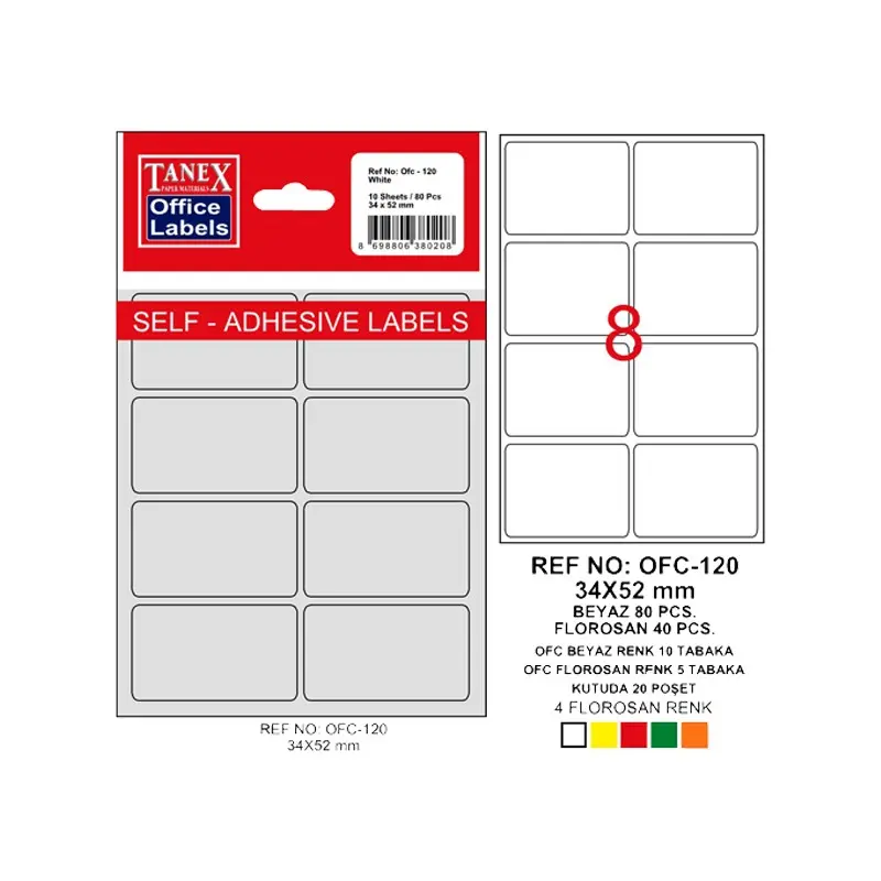 Tanex OFC-120 Ofis Etiketi 34x55mm Beyaz Poşetli x 10 Lu Paket