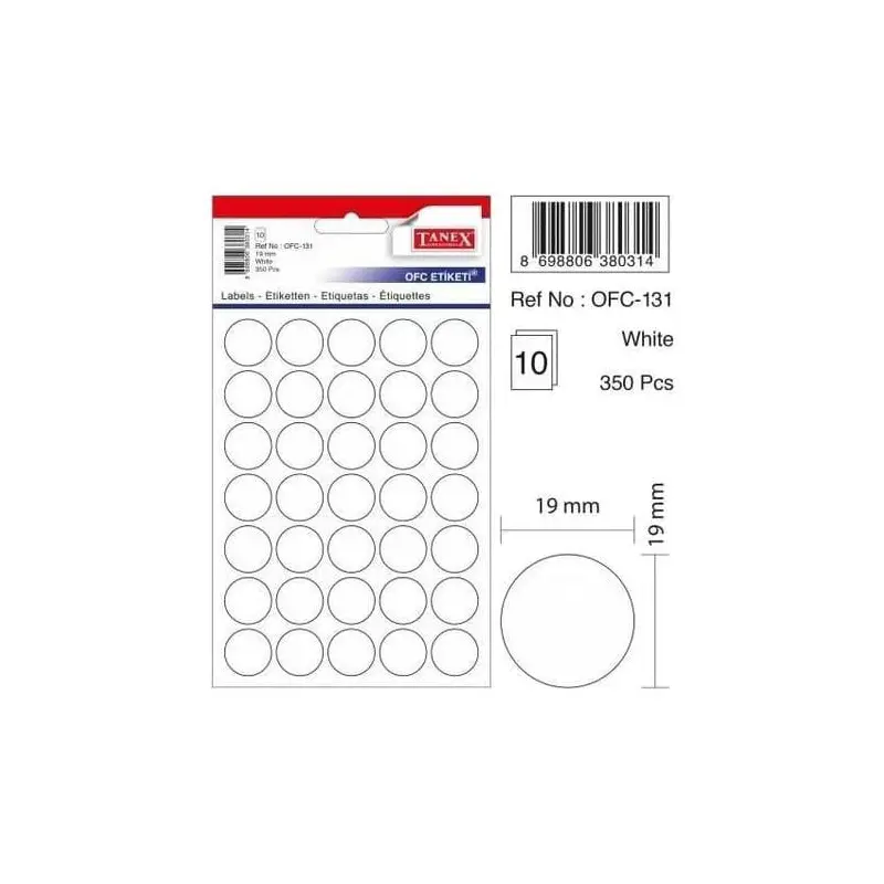 Tanex OFC-131 Ofis Etiketi Yuvarlak 19mm Beyaz Poşetli x 10 Lu Paket