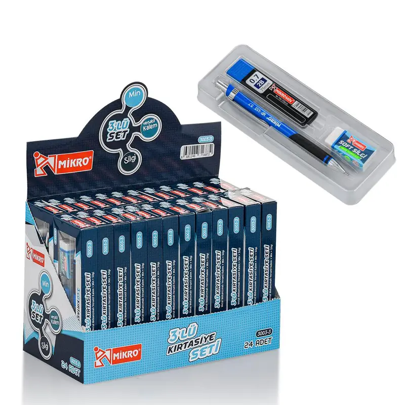Mikro 3003 Kırtasiye Seti 3 Lü 0.7mm Versatil Kalem + Min + Silgi x 24 Lü Kutu
