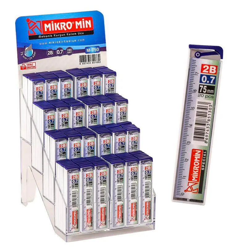 Mikro M-750 Cetvelli Kurşun Kalem Ucu (Min) 0.7mm 2B 75mm 20 Li Tüp x 288 Li Stand