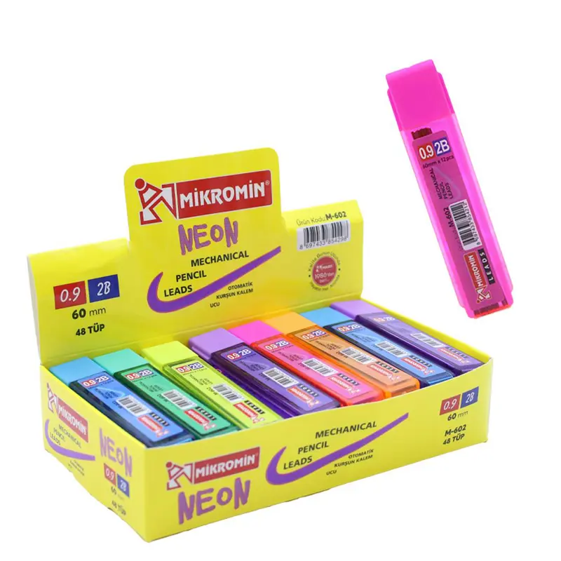 Mikro M-602 Kurşun Kalem Ucu Kısa (Min) Neon 60mm 2B 0.9mm 12 Li Tüp x 48 Li Kutu