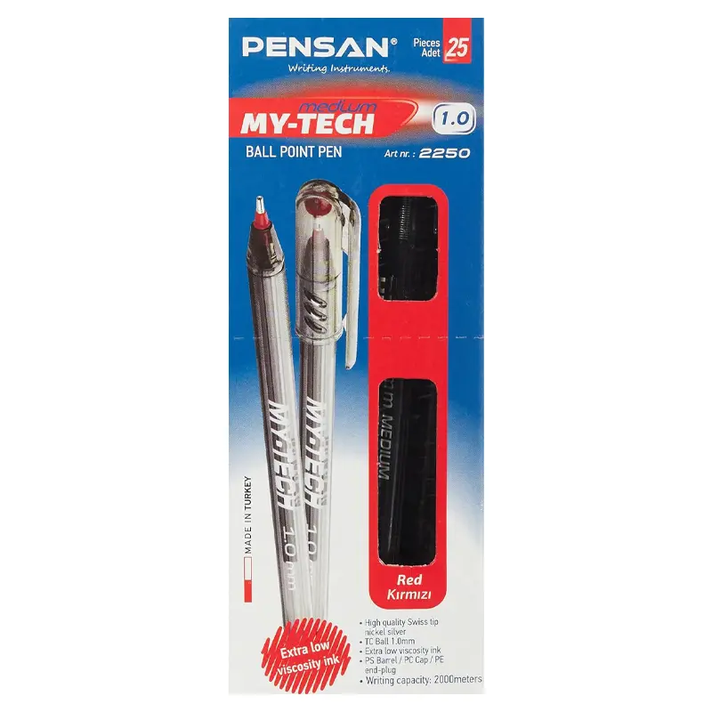 Pensan 2250 My-Tech İğne Uç Tükenmez Kalem 1.0mm Kırmızı x 25 Li Kutu