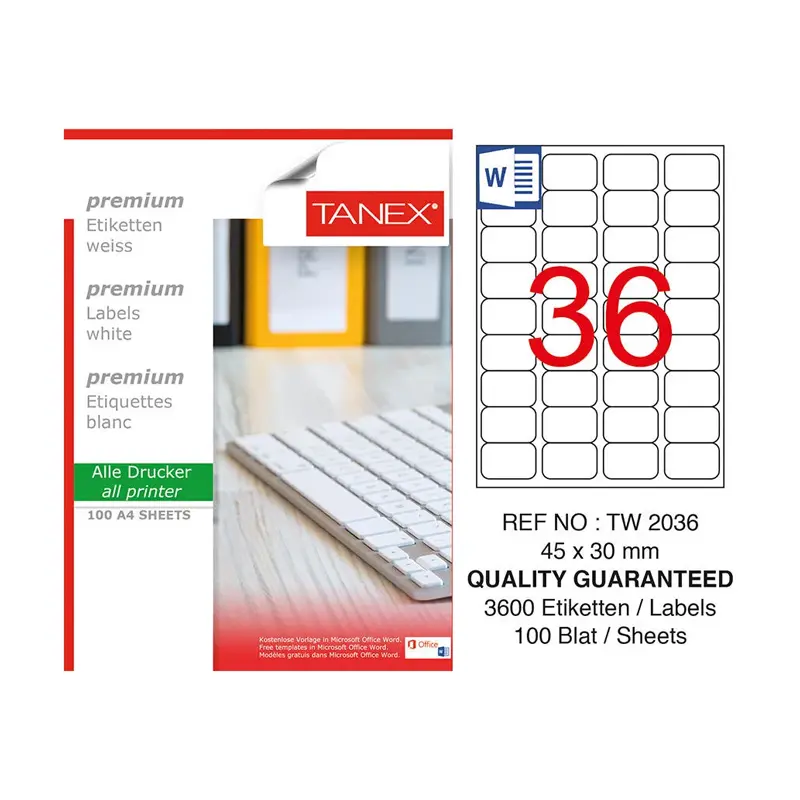 Tanex TW-2036 Lazer Etiket 45x30mm 100 Yaprak
