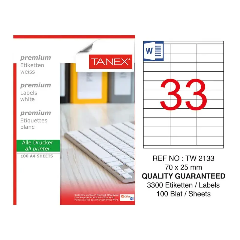 Tanex TW-2133 Lazer Etiket 70x25mm 100 Yaprak x 20 Li Koli