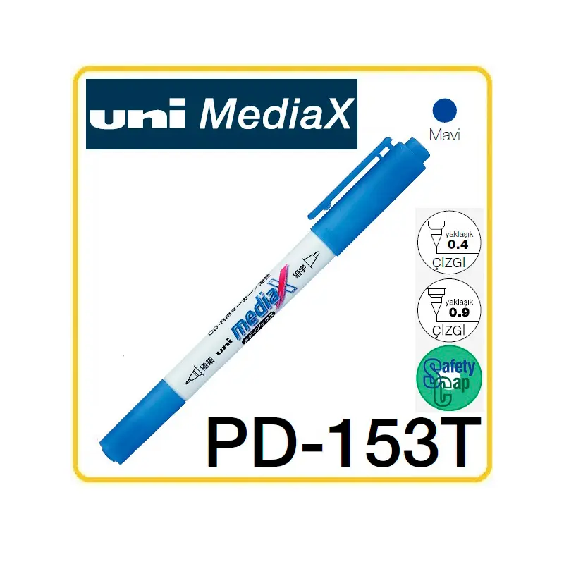 Uni-Ball PD-153T Mediax CD-R Çift Uçlu Asetat Kalemi 0.4-0.9mm Mavi 10 Lu Kutu