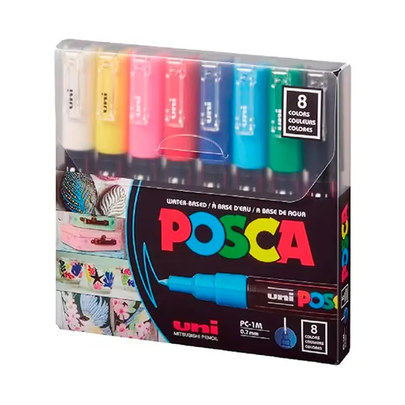 Uni-Ball PC-1M Posca Su Bazlı Poster Boyama Markörü 0.7mm Anarenkler 8 Li Set