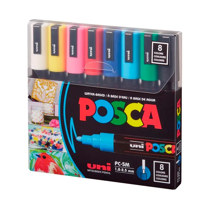Uni-Ball PC-5M Posca Su Bazlı Poster Boyama Markörü 1.8-2.5mm Anarenkler 8 Li Set